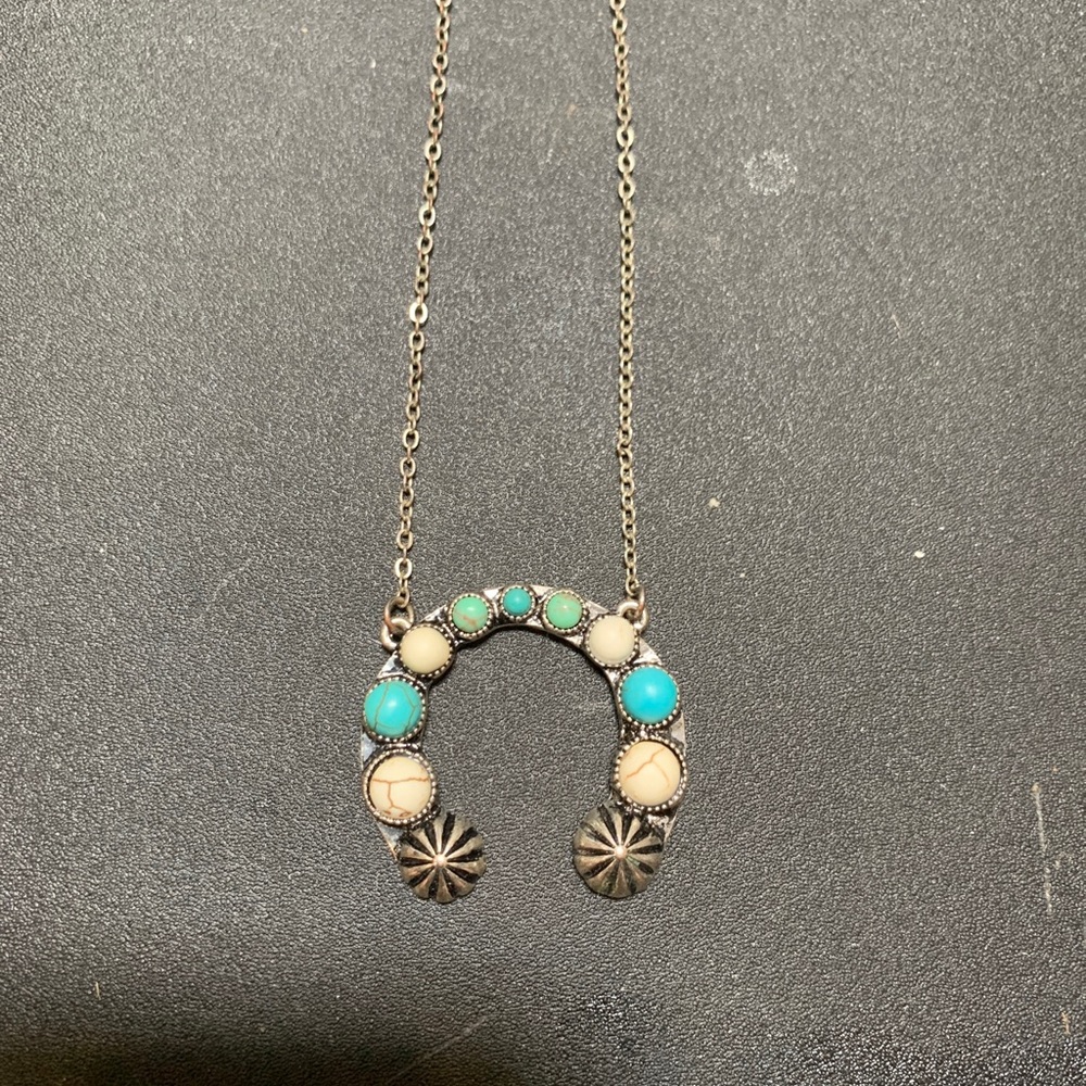 Silver Colored Turquoise Design Squash Blossom Pendant Necklace Costume Jewelry